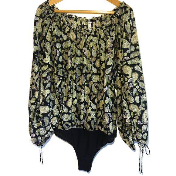 Free People long sleeve sheer off shoulder bodysuit black paisley whimsical L - Picture 1 of 5
